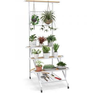 Costway - Support pour Plantes Grimpantes à 4 Niveaux en Échelle, Étagère Multifonctionnelle pour Plantes à Cadre en Métal avec Roulettes Barre de