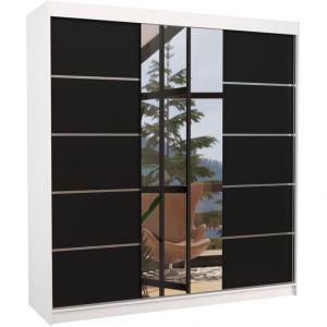 Les Tendances - Armoire chambre adulte 2 portes coulissantes bois blanc et noir avec miroir Baker 200cm