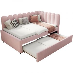 Canap&eacute;-lit D&rsquo;angle 140x200 Cm En Velours Rose, Avec Banquette Gigogne Et Dossier Fleuri