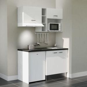 Cuisibane - Kitchenette K13L-PT - 140 cm avec plan de travail et évier - Façade Blanc - Plan Noir - Evier Inox - Crédences Non