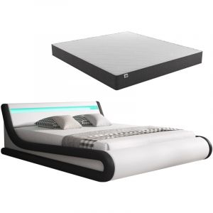 Lit Coffre avec Matelas Texas Lit Adulte Couleur Blanc et Noir avec led Mat&eacute;riaux bois et simili cuir Coffre de rangement Mod&egrave;le Parisina 160x200cm