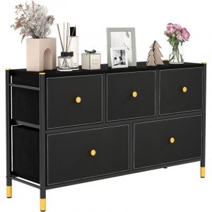 Commode Chambre, Commode Chambre Adulte 5 Tiroirs en Cuir pu et Tissu Pliable, Cadre en Métal, Chiffonnier Moderne avec Poignée Doré, Commode