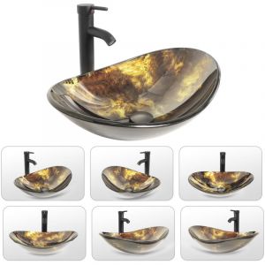 Puluomis - Vasque à Poser en verre, Lavabo pour Salle de Bain,53x35x16cm,Ovale,Noir jaune