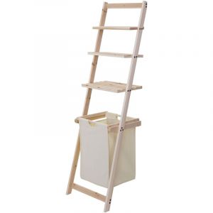 HHG - jamais utilis&eacute;] &Eacute;tag&egrave;re murale &eacute;chelle de salle de bain 581, panier &agrave; linge, &eacute;tag&egrave;re en bois de pin 152x41x35 cm, 39l