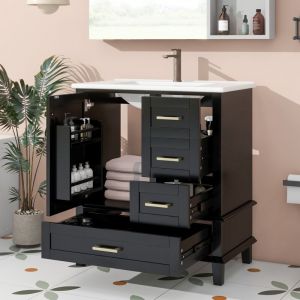 Meuble Salle de Bain Meuble Vasque 76cm - Vasque C&eacute;ramique et 3 Tiroirs Soft-Close - &Eacute;tag&egrave;res de Porte et Tablettes R&eacute;glables - Laqu&eacute;, Noir