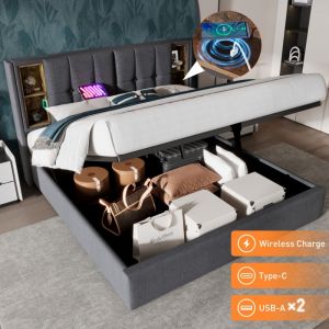 Modfu - Lit coffre 180x200cm Lit doubles pour adultes/enfants, tête de lit avec compartiment de rangement, usb, Type-C, sans matelas, gris foncé,
