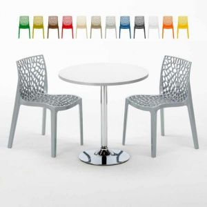 Table Ronde Blanche 70x70cm Avec 2 Chaises Color&eacute;es Grand Soleil Set Int&eacute;rieur Bar Caf&eacute; Gruvyer Long Island - Gris