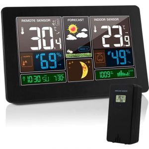 Station Météo Thermomètre Hygromètre Baromètre Intérieur Extérieur avec Capteur LED Ecran, Rétro-éclairage Horloge Numérique Affichage Heure Date