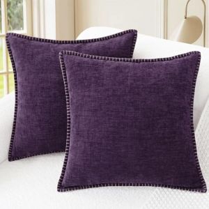 Lot de 2 Housses de coussin d&eacute;coratives 30 x50cm, en coton, finitions cousues, coloris prune violet uni, pour canap&eacute;, lit, salon ou maison de campagne