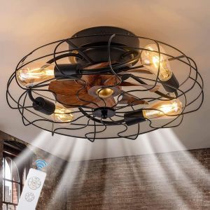Ventilateur de plafond avec &eacute;clairage int&eacute;gr&eacute; et t&eacute;l&eacute;commande, suspension LED r&eacute;tro industrielle silencieuse, douille E27 r&eacute;tro pour ventilateur de