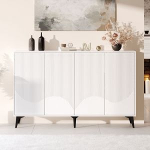 Buffet blanc largeur 160 cm, buffet multifonctionnel, commode, buffet haut avec étagères réglables, 4 portes, pieds en métal