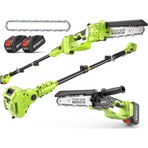 Mini Tronconneuse a Batterie & Elagueuse sur Perche 8 Pouces, Dual 4000 mAh, Port&eacute;e maximale 4,8 m&egrave;tres, Moteur Brushless 800W, Tron&ccedil;onneuse