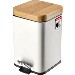 Poubelle de Salle de Bain en Acier avec Couvercle en Bambou, Pédale et Seau Interne Amovible, Petite Poubelle Pratique et Hygiénique (3L, Blanc)