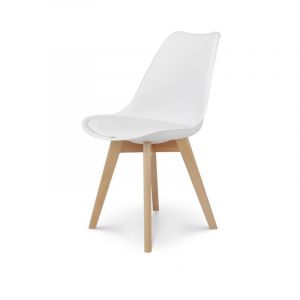 Kosmi - Chaise style scandinave victoire - Coque en résine blanche rembourrée et pieds en bois naturel