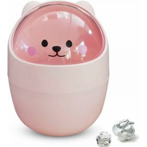 Ersandy - Mini poubelle de bureau avec couvercle, poubelle de bureau en forme d'ours de dessin animé en plastique de haute qualité (rose)