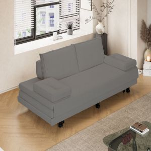 Eifson - Lit gigogne 90/180x200 cm, lit capitonn&eacute;, avec canap&eacute;-lit extensible, tissu lin, sommier &agrave; lattes, canap&eacute;-lit double - Gris