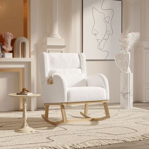 Fauteuil &agrave; bascule avec 2 poches lat&eacute;rales, Rocking chair dossier inclin&eacute;, pieds en bois massif, tissu sherpa, Rocking chair style scandinave - Blanc