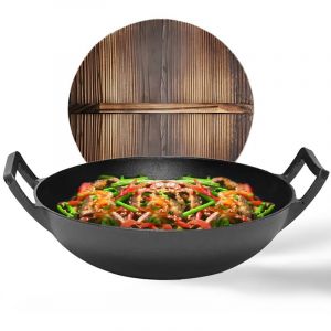 GrillX Wok en fonte - Avec couvercle en bois - &Oslash; 36 cm - Wok en fonte - Po&ecirc;le pour barbecue et induction - Sans PFAS - Woks