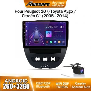AWESAFE Autoradio Android 13 pour Peugeot 107 Toyota Aygo Citroen C1 (2Go+32Go) 10'' &Eacute;cran Carplay Android Auto Camera de recule