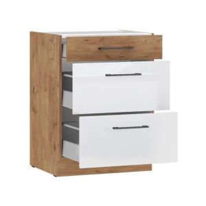 ROCK - Meuble bas casserolier - M&eacute;lamin&eacute; chene Lancelot et Blanc brillant - 60 cm - 3 tiroirs - Plan de travail non inclus