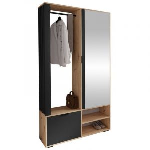 Mobilier1 - Meuble d'entr&eacute;e Stanton 145, Ch&ecirc;ne Artisan + Noir, 190x100x33cm, Miroir, Stratifi&eacute;, &agrave; poser
