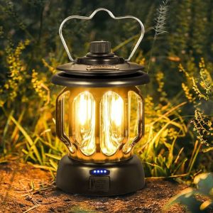 LED Lampe Camping Rechargeable USB Vintage Dimmable Lumi&egrave;re Chaude et Blanche 5200mAh Power Bank
