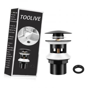 Bonde de lavabo Bonde de Lavabo avec Trop-plein Noir Mat, Chonphan Universelle G1 1/4" Laiton Valve Pop-up Bonde de Vidage pour lavabo, Clic-clac,