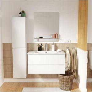 Ensemble meuble simple vasque 80cm avec plan c&eacute;ramique, robinet, miroir et colonne