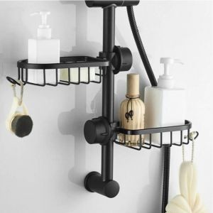2x Étagère Douche Sans Percage Inox,T-Audace Noir Étagère Salle de Bain Télescopique Inoxydable, Tablette Support Douche, Porte Savon Barre Douche,