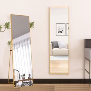Miroir pleine longueur HD 140x40 cm avec cadre en métal, miroir sur pied pour salon ou dressing, miroir mural, Doré