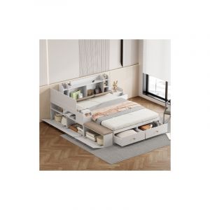 Lit adulte 140x200cm, cadre de lit avec tête de lit, compartiment de rangement intégré, tiroir, table de chevet, tabouret de canapé, sans matelas,