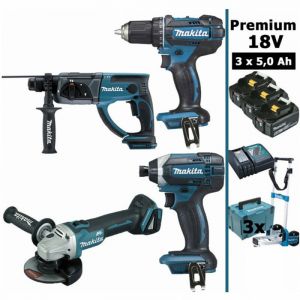 Makita - Pack Premium 18V 5Ah: DDF482 + DGA504 + DHR202 + DTD152 + 3 batt + 3 MakPac + chariot MAK4310PT3JD