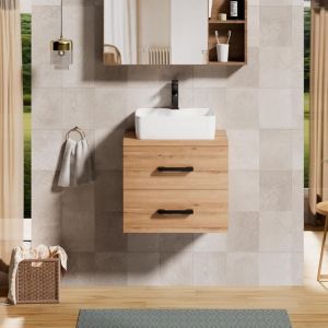 UEV - Meuble sous Lavabo Suspendu 80,5cm, Meuble Salle de Bain avec Vasque à Poser, Lavabo en Céramique, Deux Tiroirs avec Grand Espace de Rangement,