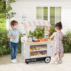 Epicerie Enfant en Bois avec 30 PCS Accessoires Marchande avec Auvent Sup&eacute;rieur & Poign&eacute;e de Pouss&eacute;e Motif d&rsquo;Aliments Mignons 3 Ans+ Noir