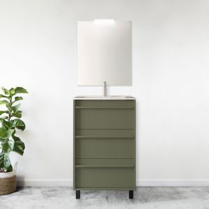 Abitare - Meuble de salle de bain sur pied 60 cm en bois vert satin&eacute; avec vasque en porcelaine - Astoria - 60 cm Avec miroir et lampe led