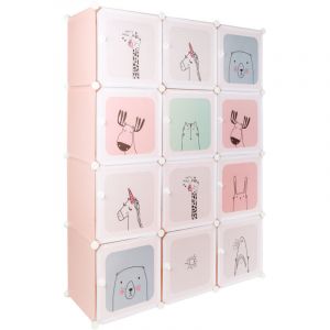 Armoire Chambre d'enfant modulable Motifs ludiques Plastique &Eacute;tag&egrave;re de Rangement pour la Maison 12 Cubes Armoire DIY Portes rose