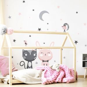 Ambiance-sticker - Stickers muraux Sticker Mural Autocollant - chat, lapin et oiseaux dans les étoiles - Stickers adhésifs - 105x80cm