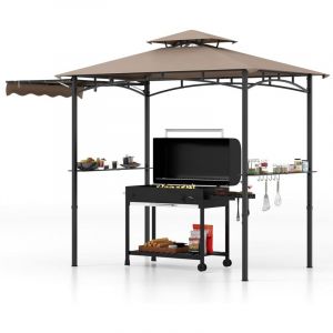Tonnelle pour Barbecue avec Auvent Lat&eacute;ral, Abri Barbecue Ext&eacute;rieur avec Dessus &agrave; 2 Niveaux, Crochets, D&eacute;capsuleur, Dessus Souple, pour Jardin, Cour