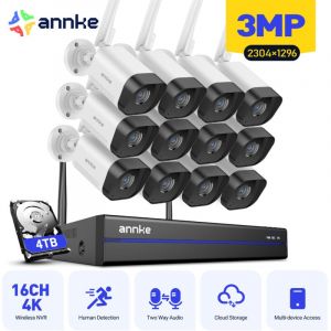 3MP Kit de Surveillance sans Fil, 16CH Caméras de Surveillance WiFi, Détection Humaine Intelligente, Vision Nocturne, Disque Dur 4To - Annke