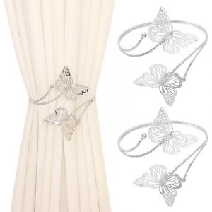 Attache de rideau d&eacute;corative, pince d&eacute;corative pour rideau papillon, motif floral et papillon, argent