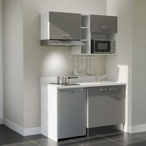 Kitchenette K13L - 140 cm - plan monobloc &eacute;vier int&eacute;gr&eacute; Snova- &eacute;vier &agrave; droite - Fa&ccedil;ades Gris + Electrom&eacute;nager inclus coloris Inox