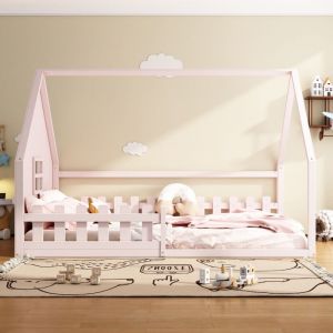 Lit cabane 140x200cm, lit enfant avec sommier à lattes, barrières de sécurité, cadre de lit en pin, design moderne, Rose