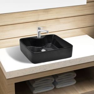 Vasque,Vasque à poser Lavabo,Évier carrée à trou pour robinet céramique Noir pour salle de bain CFW33100