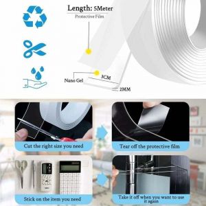 Ruban Adh&eacute;sif Double Face Extra Fort, Transparent Ruban Two Side Tape &agrave; Forte Viscosit&eacute;, Multifonctionnel Ruban adh&eacute;sif Lavable sans Traces pour