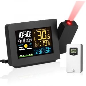 Réveil à projection, horloge radio-pilotée WWVB à projection atomique pour plafond de chambre à coucher avec station météo, fonction snooze, capteur