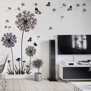 Stickers muraux fleurs de pissenlit noir (150x114cm) i papillon plantes branche arbre i autocollant sticker mural pour salon chambre cuisine bureau