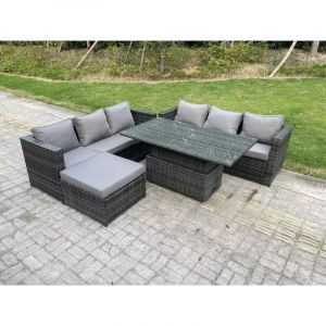 7 Places Osier pe Rotin Meubles De Jardin Canap&eacute; Ensemble Ext&eacute;rieur Table &agrave; Manger R&eacute;glable Grand Tabouret Gris Fonc&eacute; Mix - Fimous