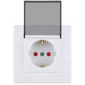 Prise de courant compl&egrave;te 2P+T blanche avec obturateurs, clapet fum&eacute;, cadre simple blanc S&eacute;rie KARELL 16A 250V EXEN