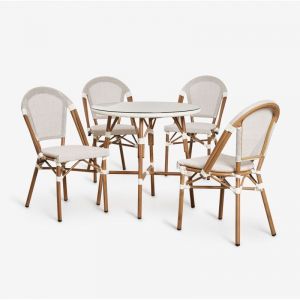 Sklum - Ensemble table ronde Brielle Bistro (80 cm de diam&egrave;tre) et 4 chaises de jardin empilables en aluminium Blanc Gardenia