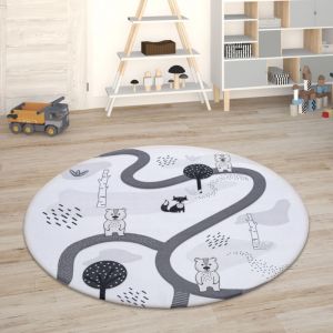 Paco Home - Tapis Chambre Enfant Tapis De Jeux Tapis Bébé Tapis Enfant Route Tapis De Jeux Blanc, 150 cm Rund (de)